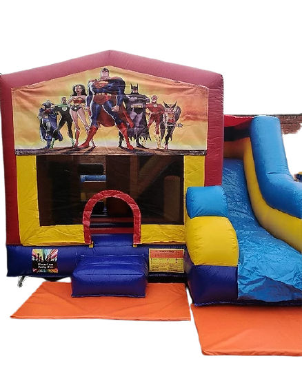 Banner combo jumping castle. DC Superheroes. Yellow, Red ,Blue and White